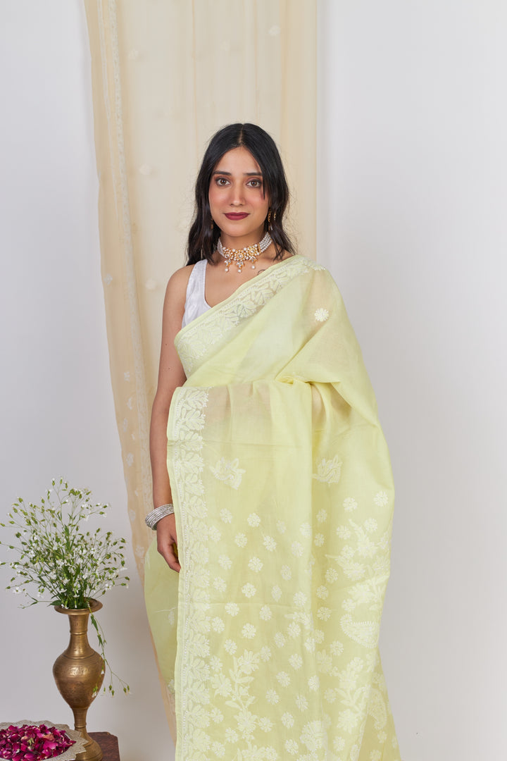 Cotton Voil Chikankari Saree - Lemon Yellow