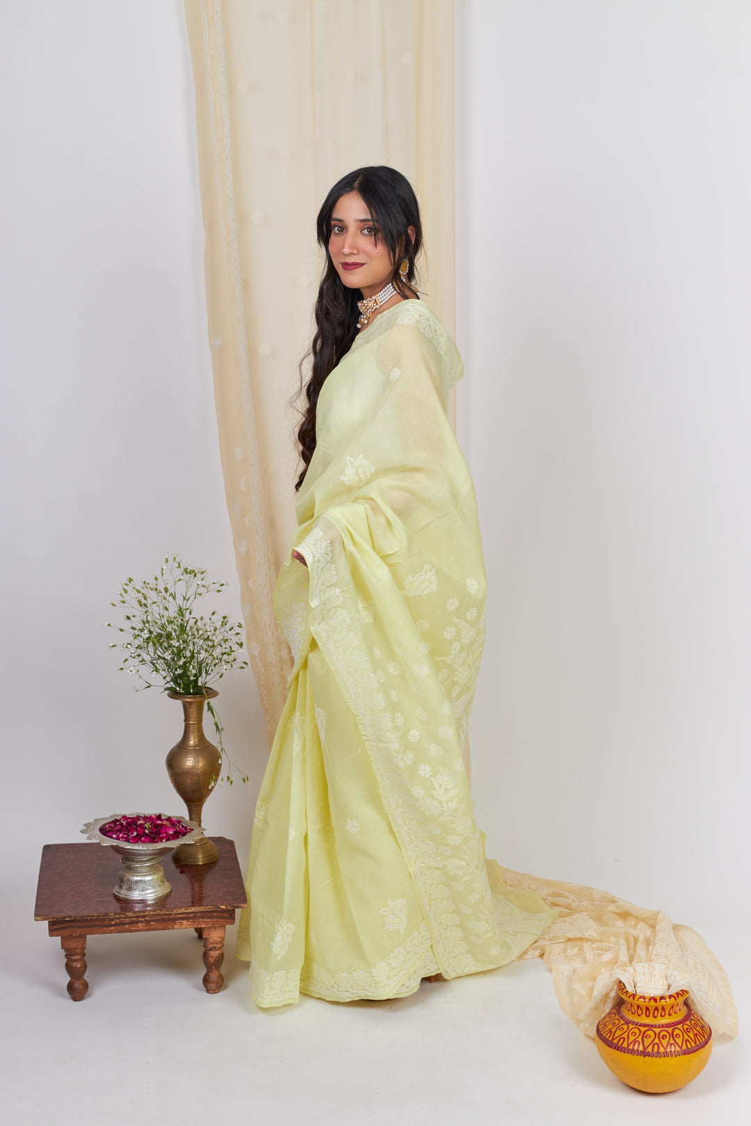 Cotton Voil Chikankari Saree - Lemon Yellow