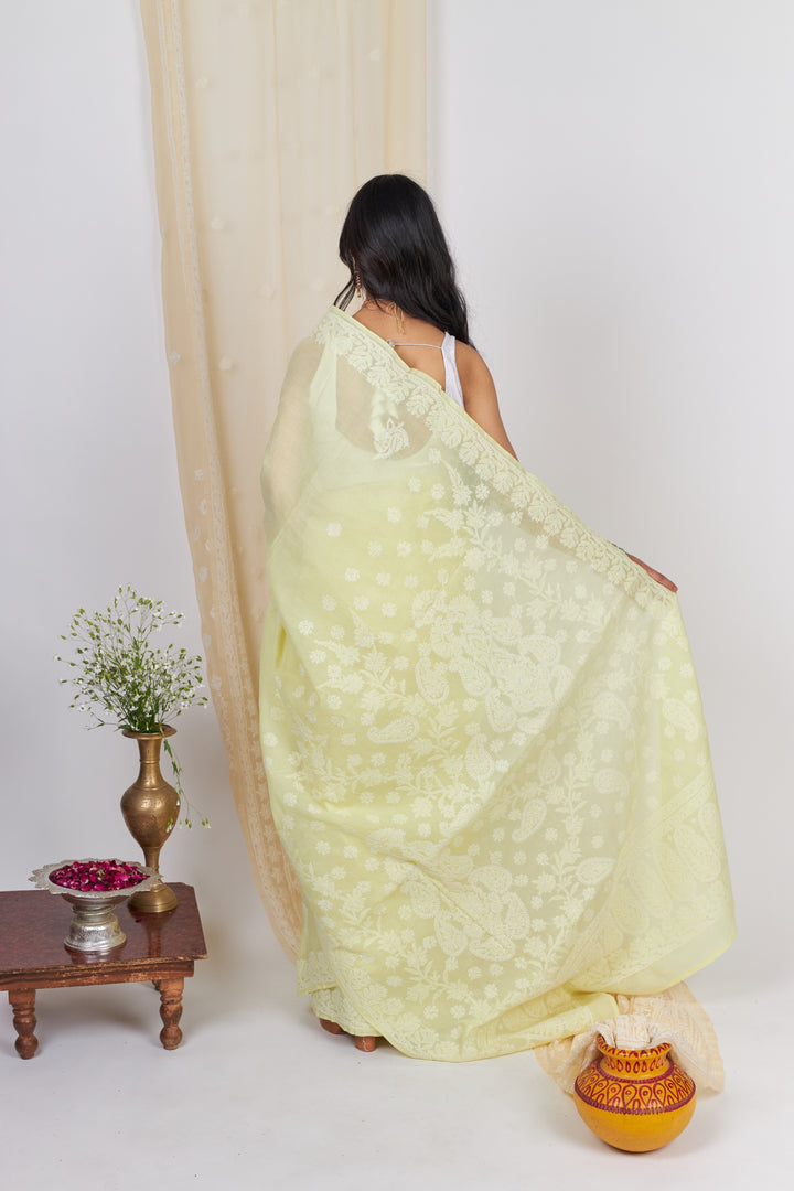 Cotton Voil Chikankari Saree - Lemon Yellow