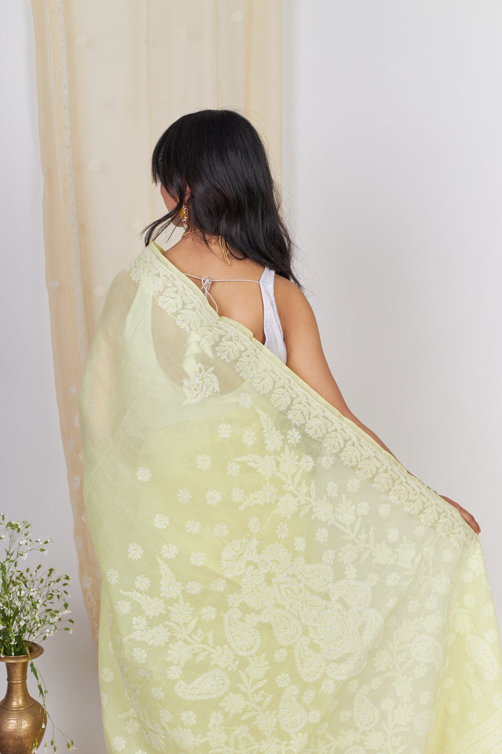 Cotton Voil Chikankari Saree - Lemon Yellow