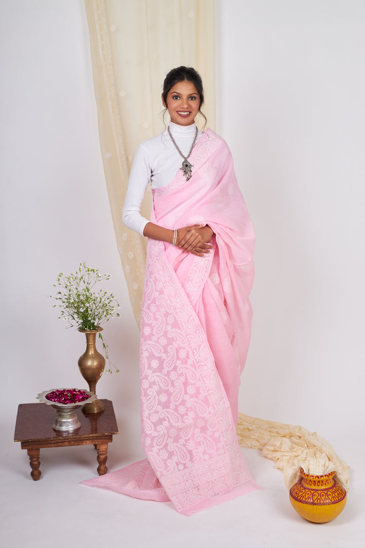 Cotton Voil Chikankari Saree - Pink