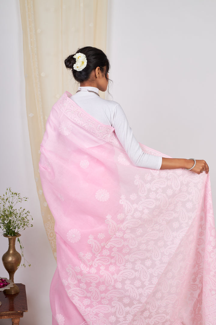 Cotton Voil Chikankari Saree - Pink