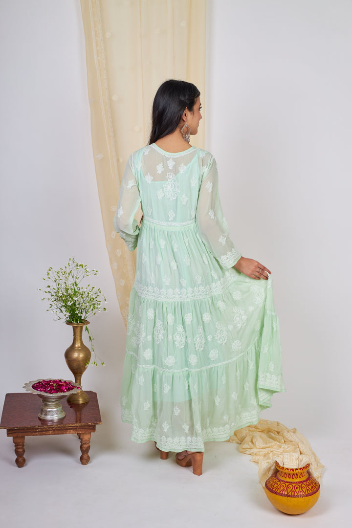 Georgette Chikankari Layered Gown- Green