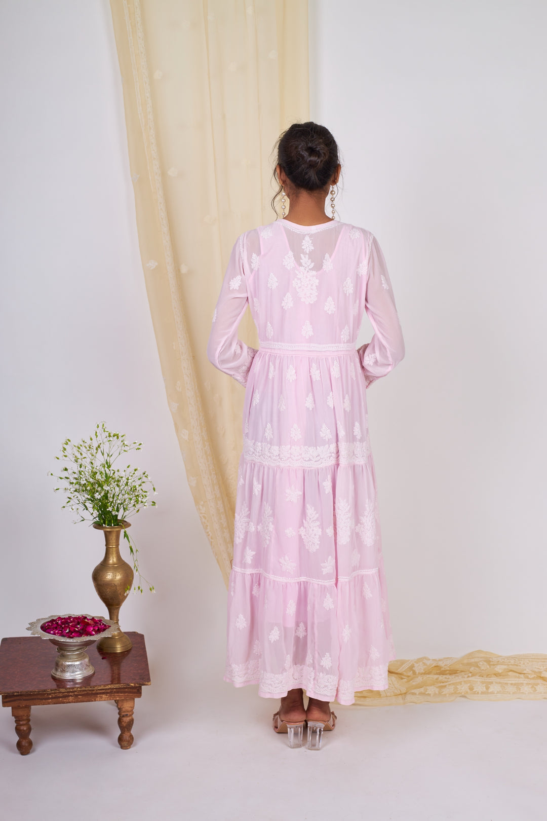 Georgette Chikankari Layered Gown- Pink