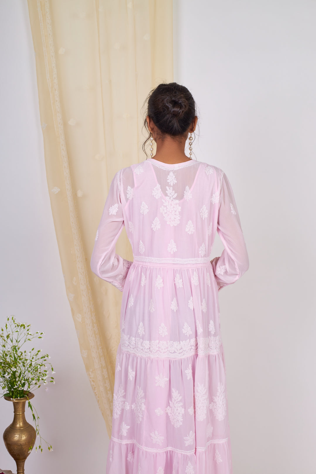Georgette Chikankari Layered Gown- Pink