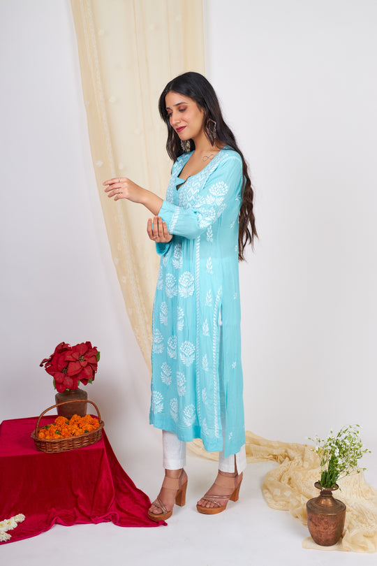 Modal Chikankari Nyra Kurti- Blue
