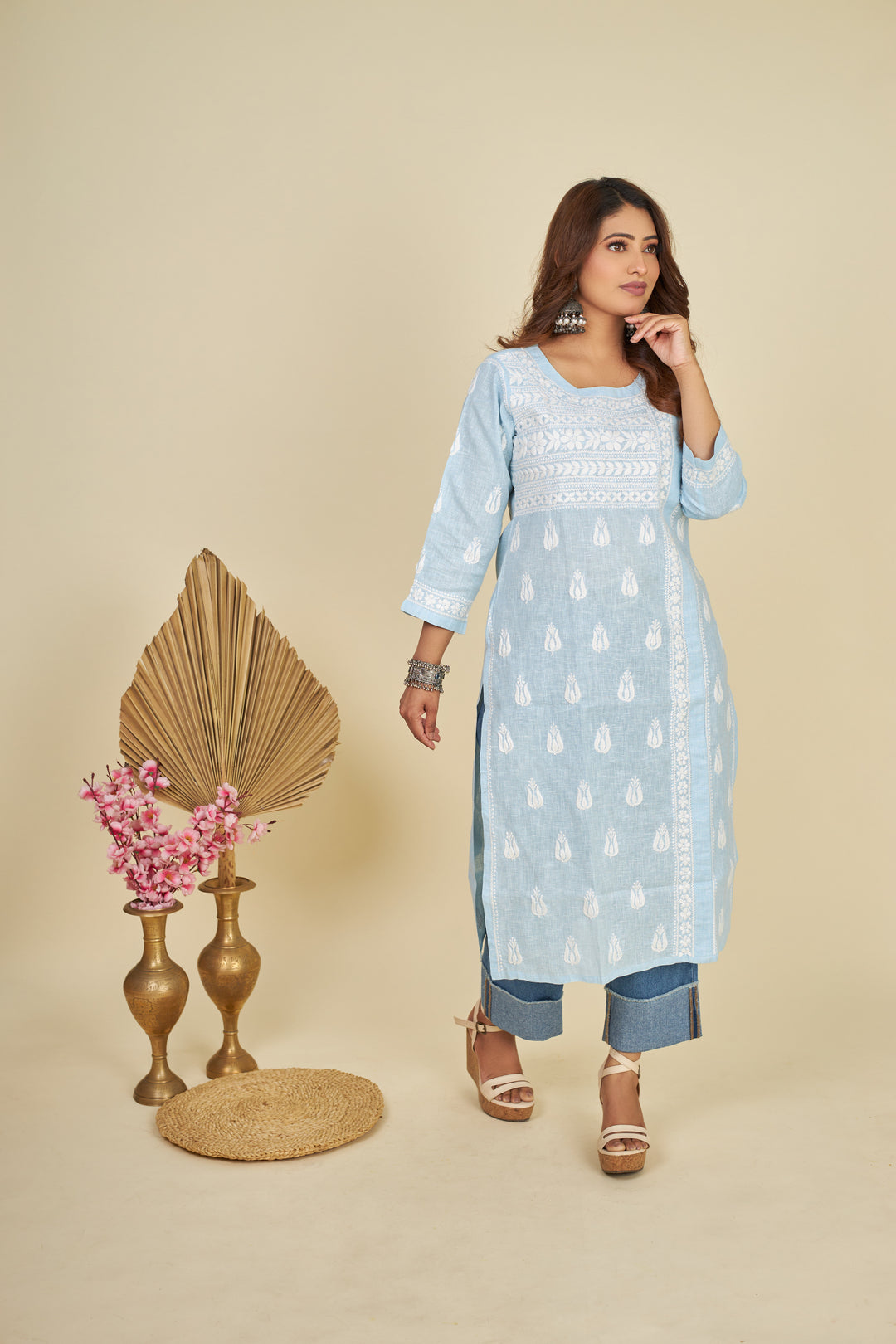 Cotton Chikankari Linen kurti- Blue