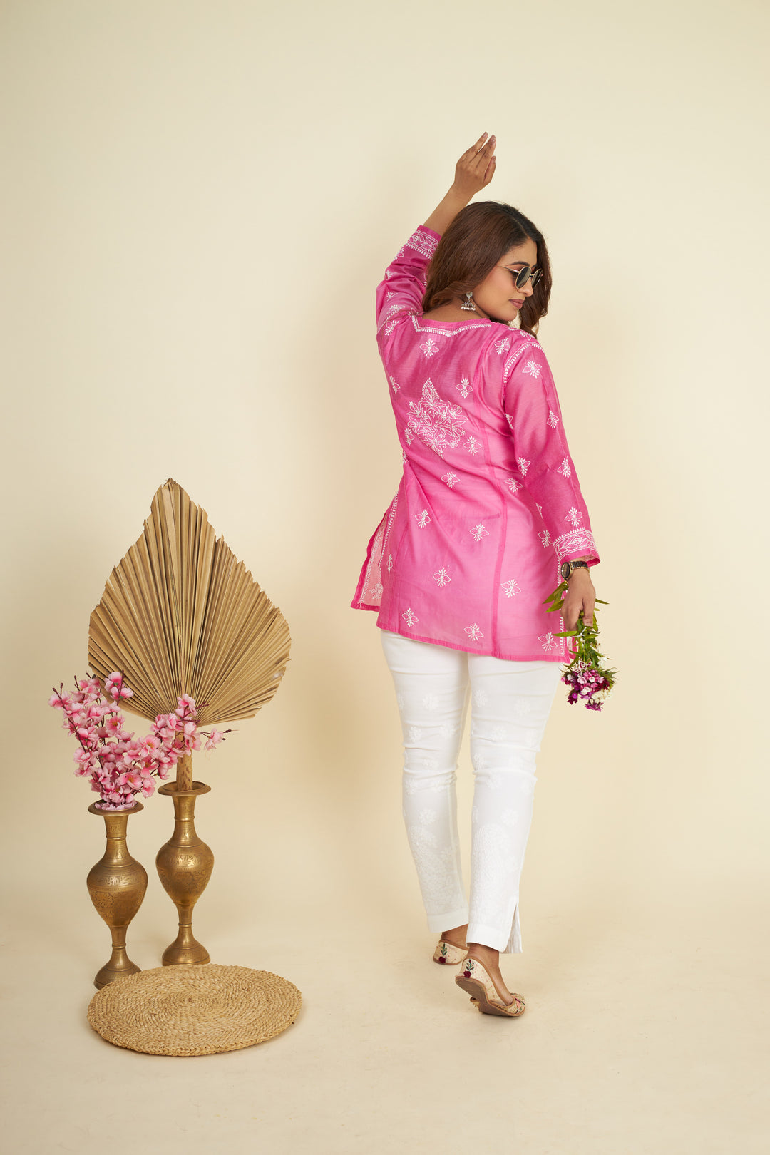 Chanderi Chikankari Top-Hot Pink