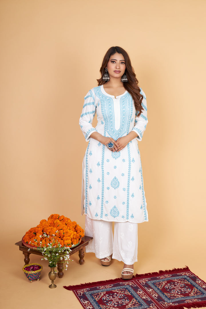 Rayon Chikankari Kurti with Blue thread