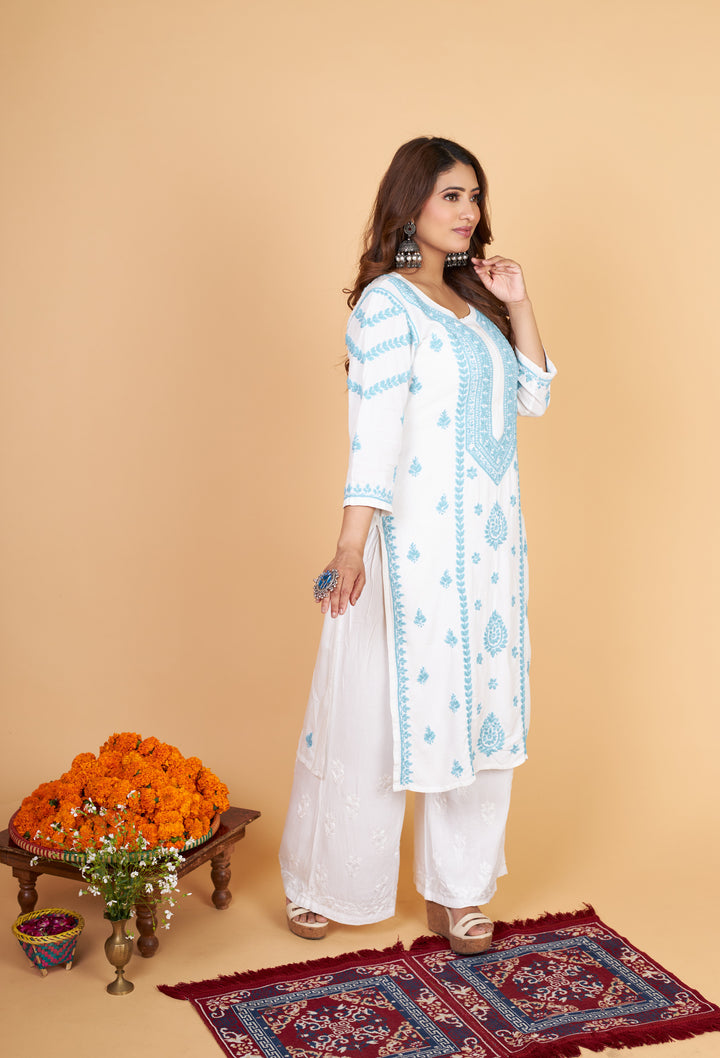 Rayon Chikankari Kurti with Blue thread