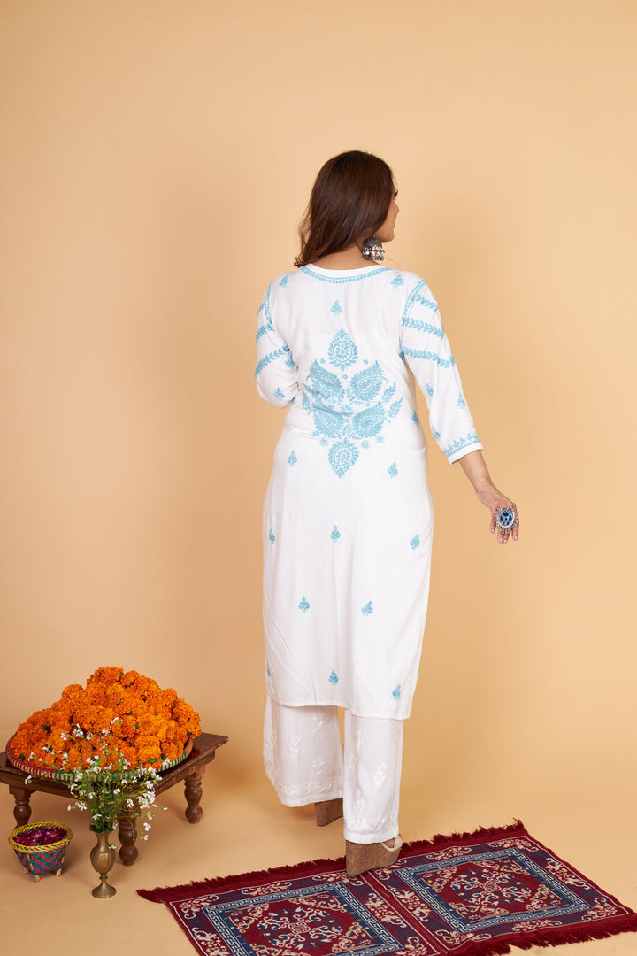 Rayon Chikankari Kurti with Blue thread