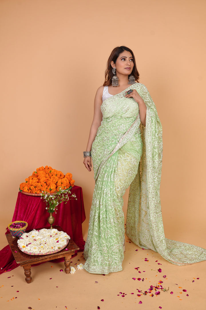 Georgette Chikankari Saree - Green