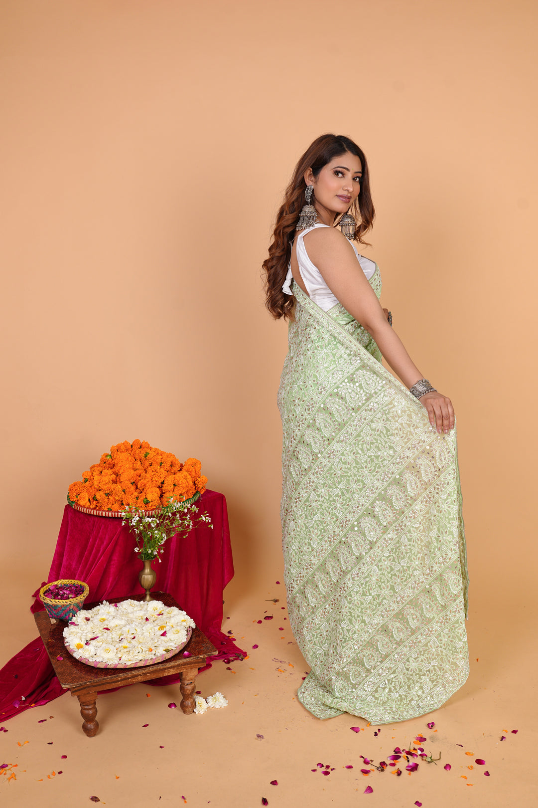 Georgette Chikankari Saree - Green