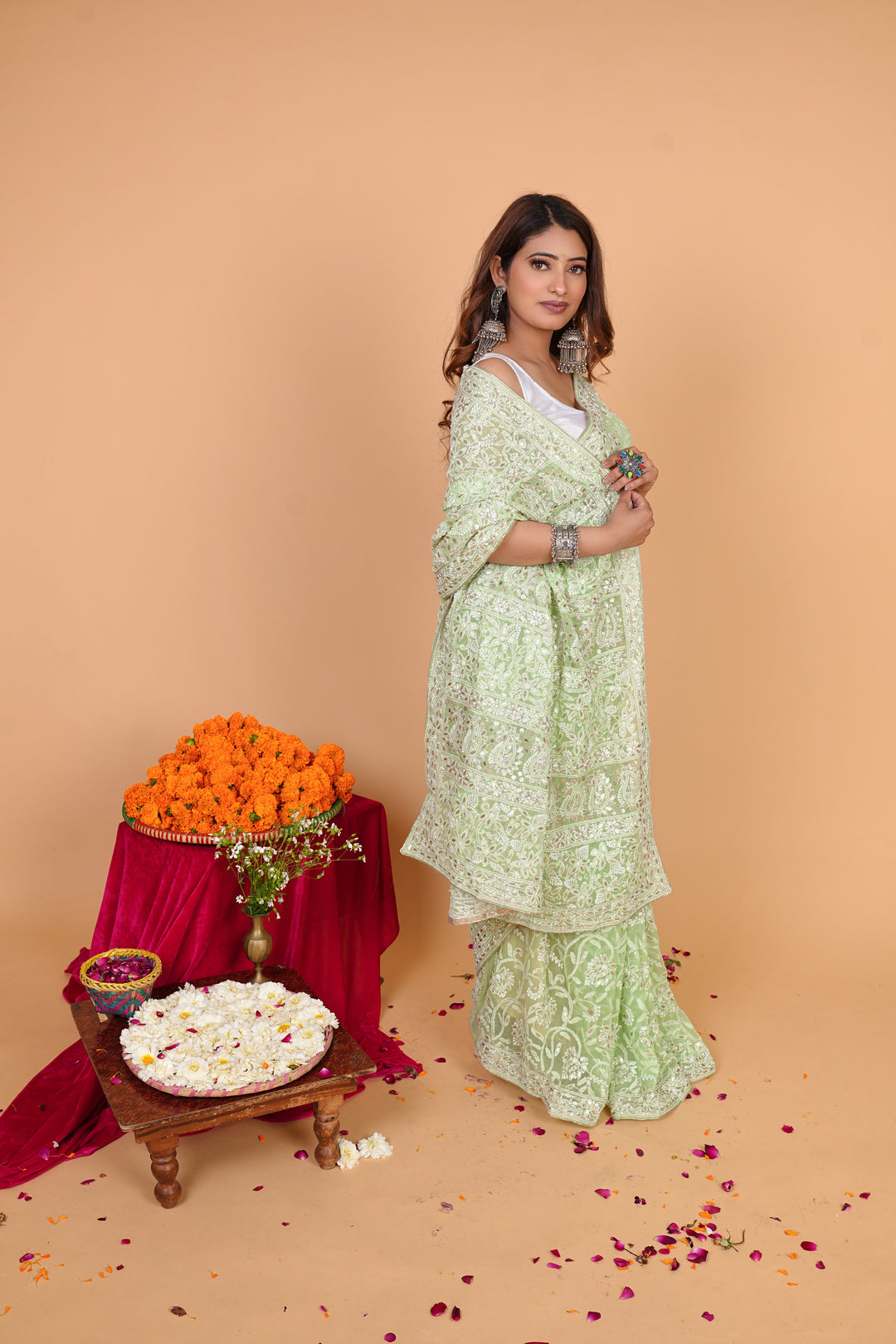 Georgette Chikankari Saree - Green