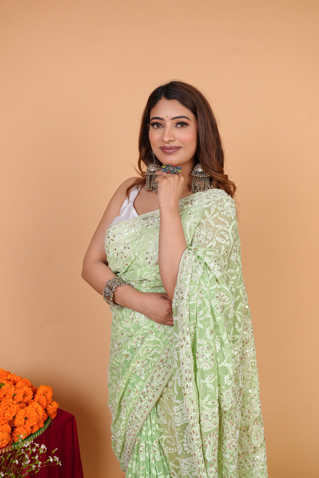 Georgette Chikankari Saree - Green