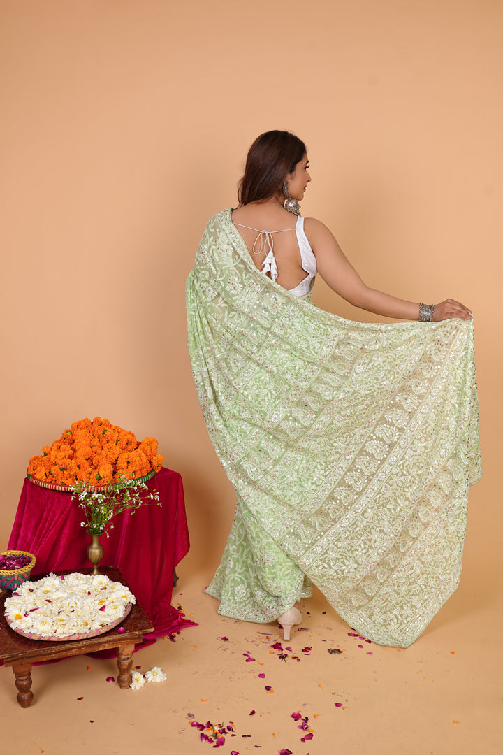 Georgette Chikankari Saree - Green