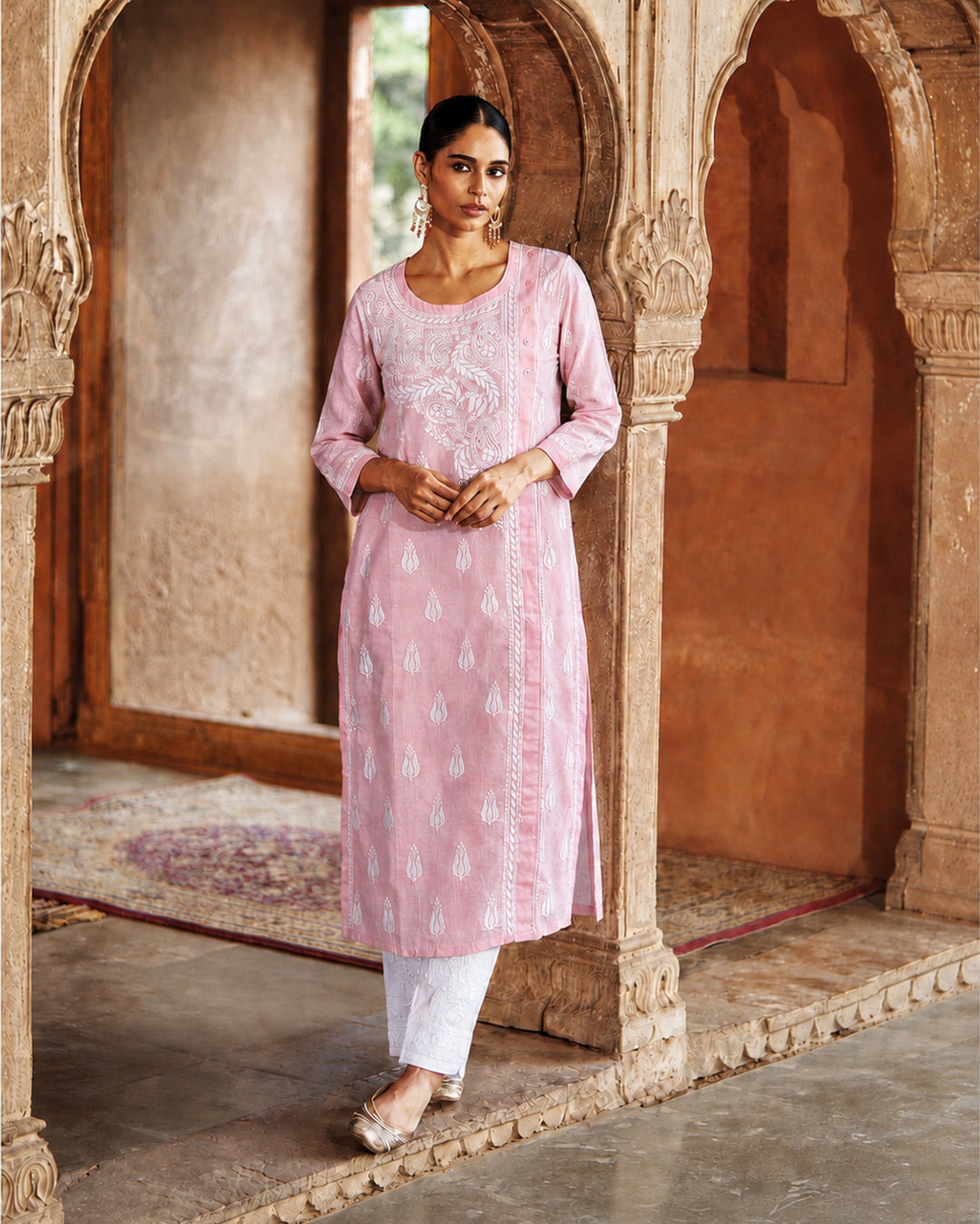 RHEA Linen Angarkha Chikankari Kurti – Hand Embroidered Lucknowi Chikankari