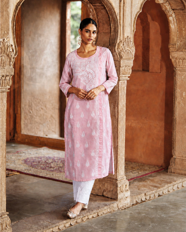 RHEA Linen Angarkha Chikankari Kurti – Hand Embroidered Lucknowi Chikankari