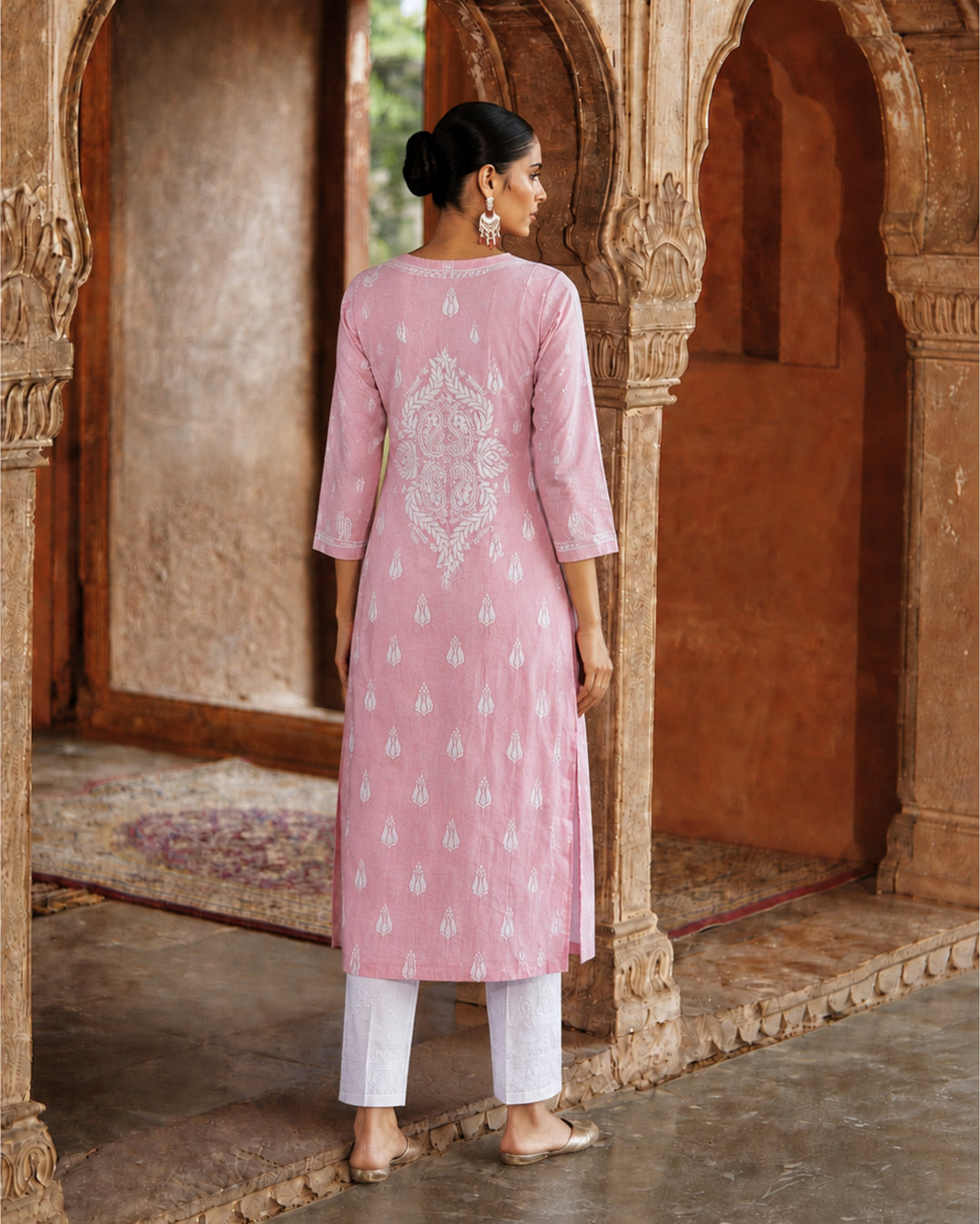 RHEA Linen Angarkha Chikankari Kurti – Hand Embroidered Lucknowi Chikankari