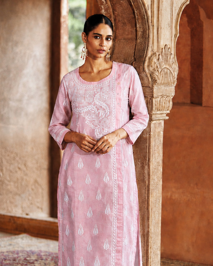 RHEA Linen Angarkha Chikankari Kurti – Hand Embroidered Lucknowi Chikankari
