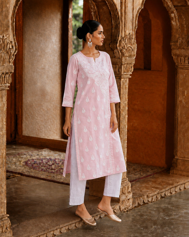 RHEA Linen Angarkha Chikankari Kurti – Hand Embroidered Lucknowi Chikankari