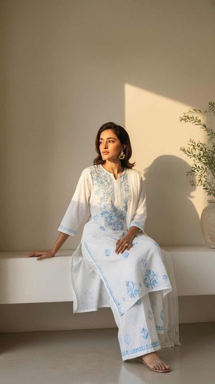 Ananya Rayon Colored Thread Chikankari Kurta Palazzo Dupatta Set | Lucknow Hand Embroidery | Paridhan Chikan