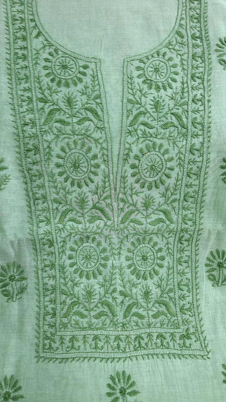 Soft Green Color Chanderi Hand Embroidered 2-Taar Chikankari Kurta & Dupatta Set | Paridhan Chikan