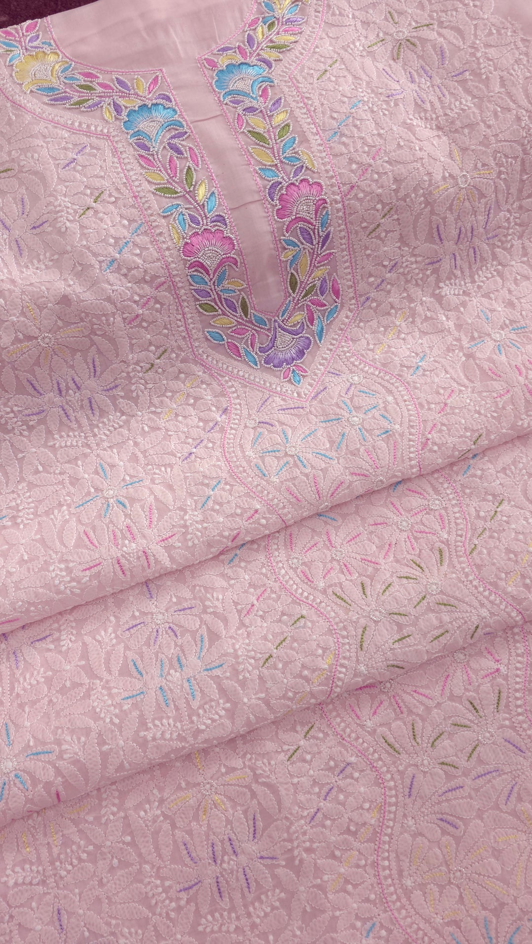 Cotton Resham Neckline chikankari dress material- Baby Pink