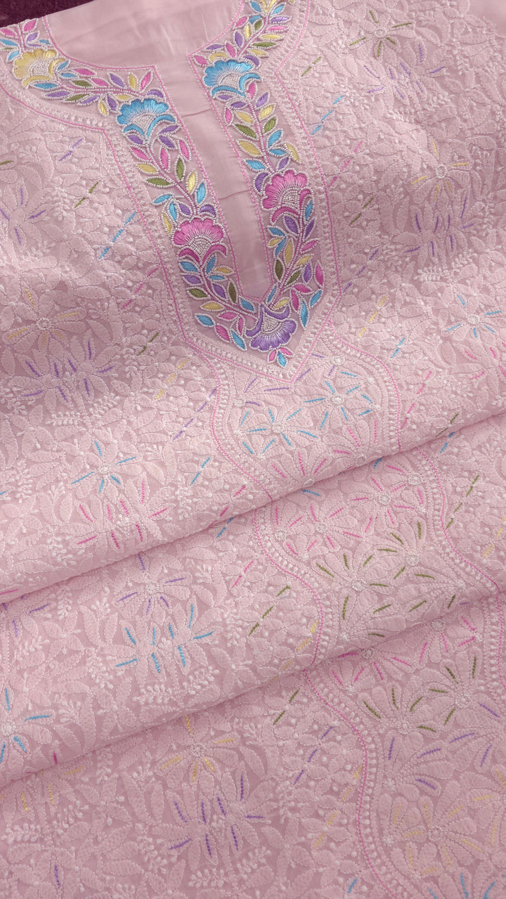 Cotton Resham Neckline chikankari dress material- Baby Pink
