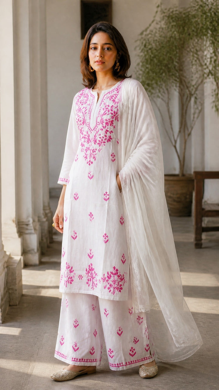 Ananya Rayon Colored Thread Chikankari Kurta Palazzo Dupatta Set | Lucknow Hand Embroidery | Paridhan Chikan