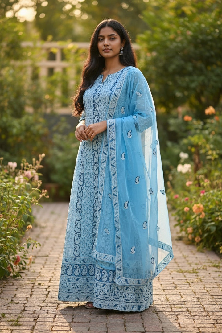 Unstitched Georgette Chikankari Dress Material | Hand Embroidered Kurta, Bottom & Dupatta