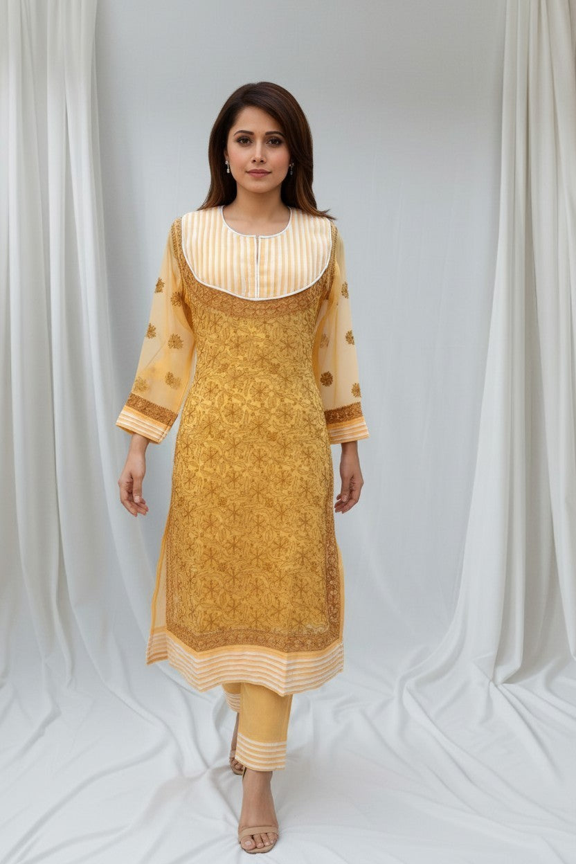 Women’s Georgette Chikankari Kurti – Designer Hand Embroidered Lucknowi Craft by Paridhan Chikan