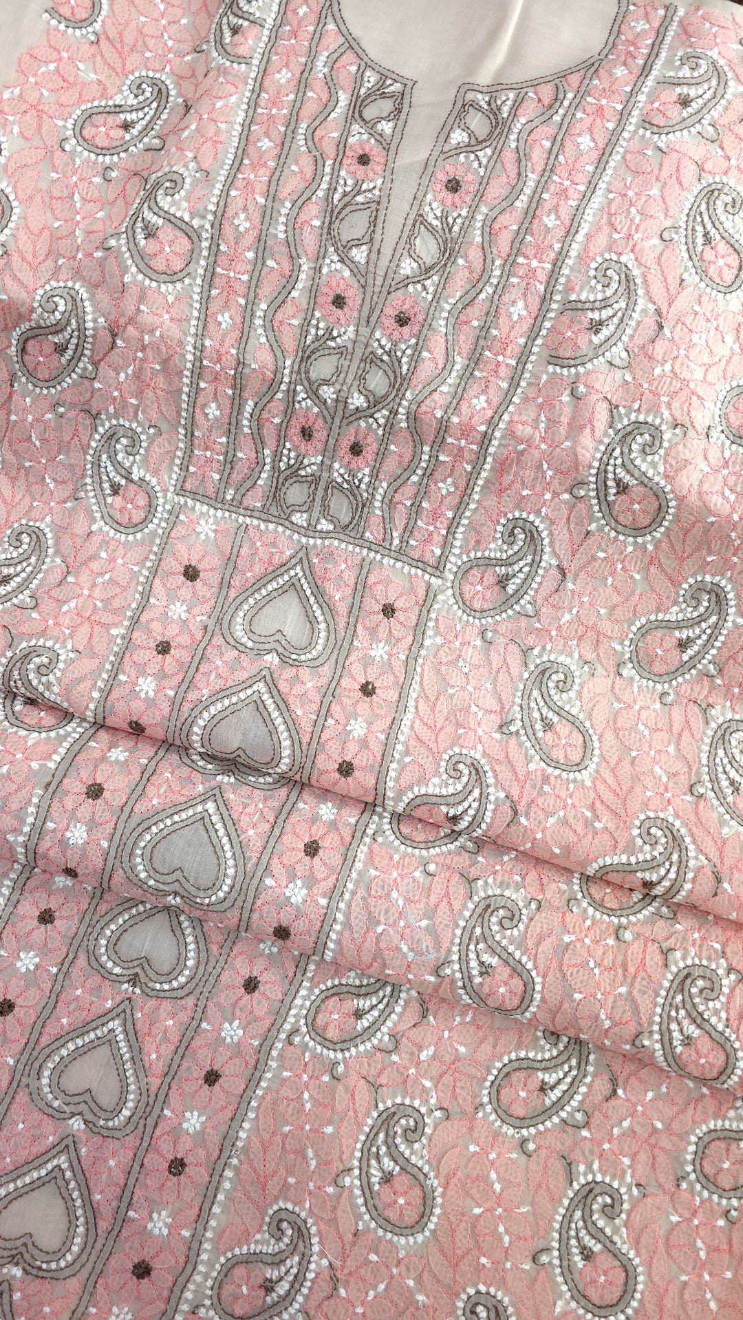 Lucknow Chikankari Hand Embroidered Cotton Dress Material with Tri-Color Motifs & Pure Chiffon Dupatta