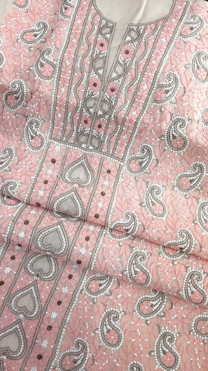 Lucknow Chikankari Hand Embroidered Cotton Dress Material with Tri-Color Motifs & Pure Chiffon Dupatta