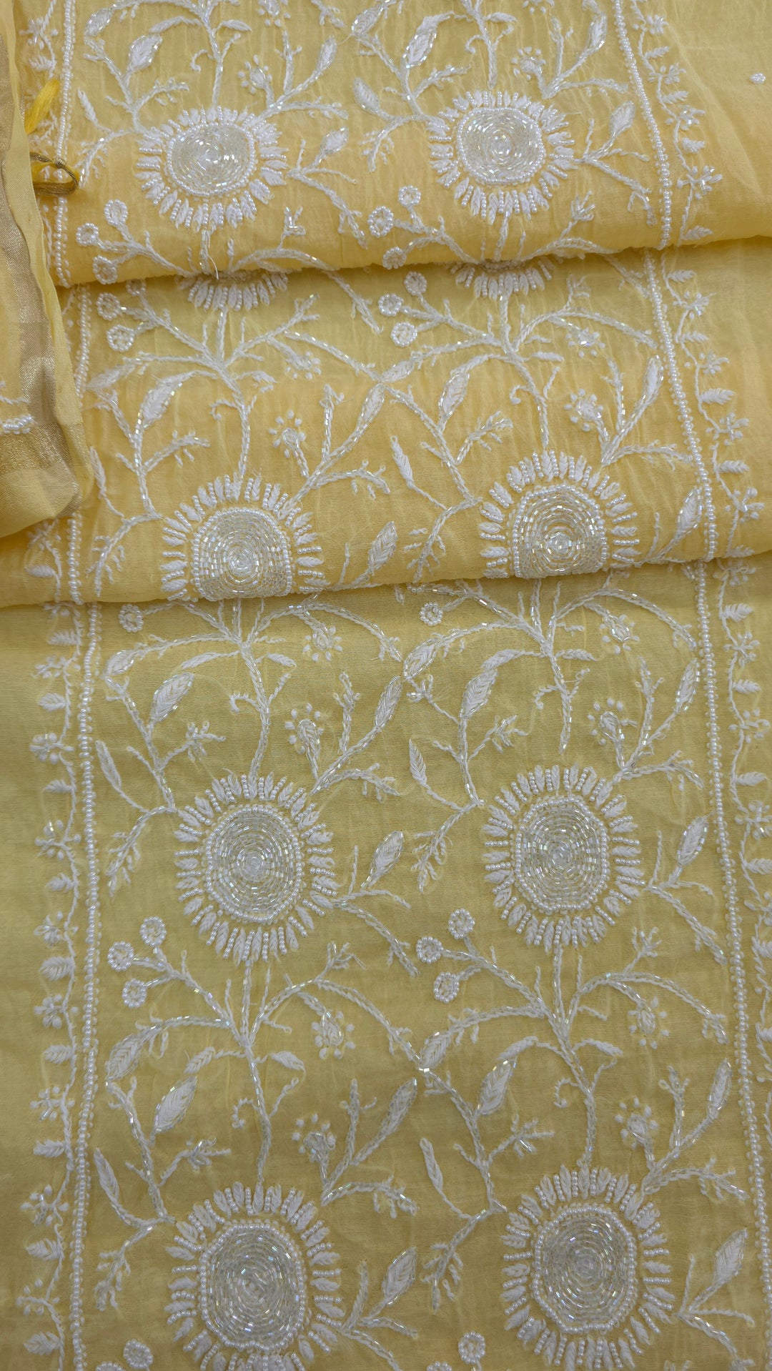 Premium Mul Chanderi Pearl, Cutdana & Kasab Hand Embroidered Unstitched Suit Set