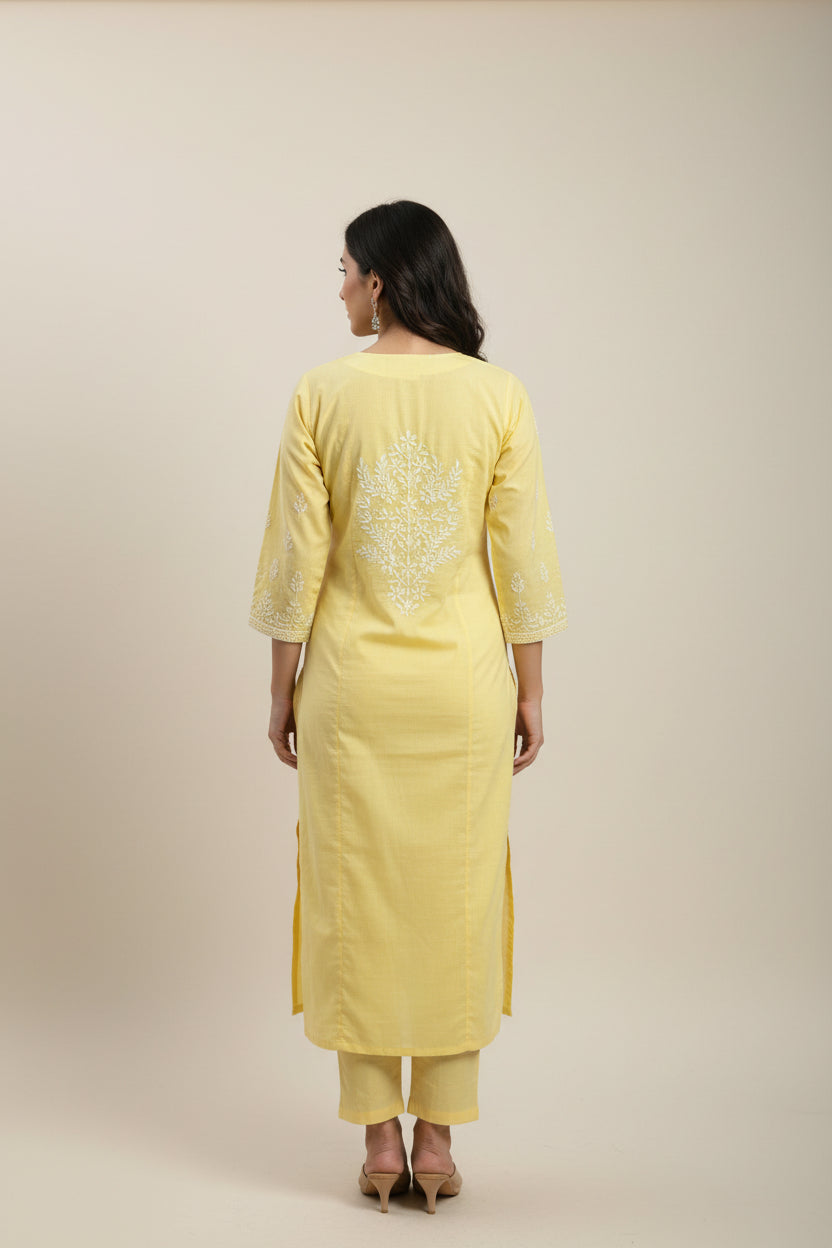 Pure Cotton Linen Lucknowi Chikankari Long Kurti | 100% Hand Embroidered | Non-Transparent | No Shrinkage