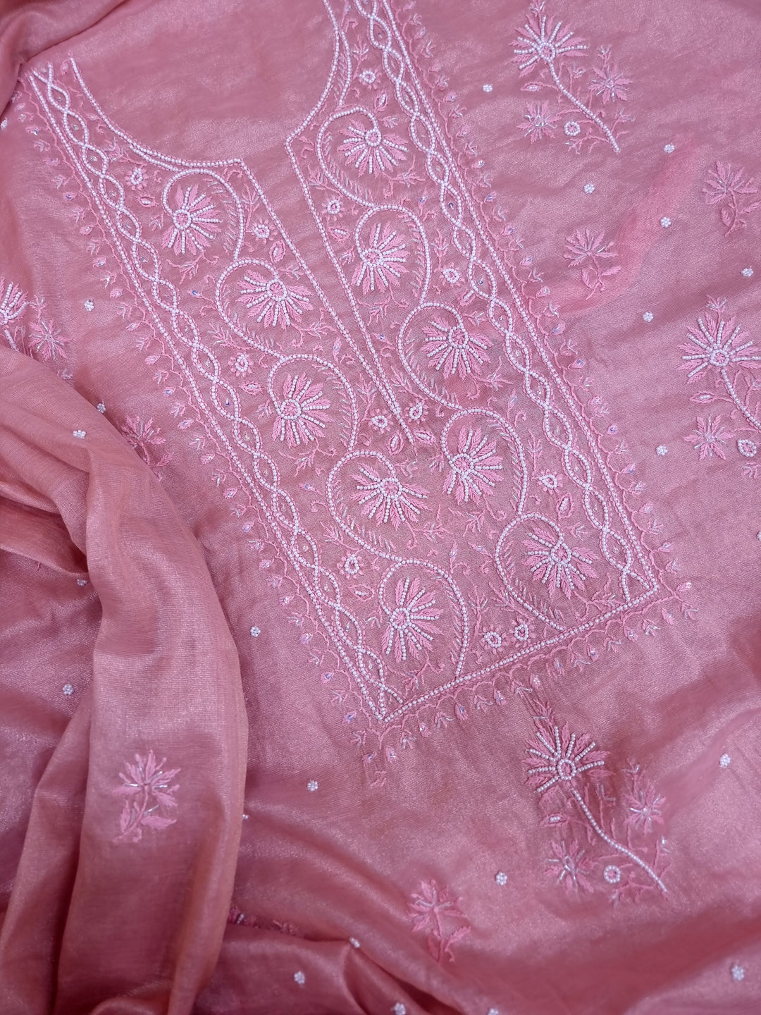 Soft Tissue Chikankari Unstitched Dress Material | 3 Taar Hand Embroidery with Pearl & Cutdana Work + Golden Border Dupatta