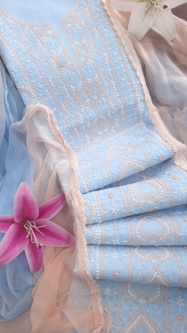 Lucknow Chikankari Hand Embroidered Cotton Dress Material with Tri-Color Motifs & Pure Chiffon Dupatta