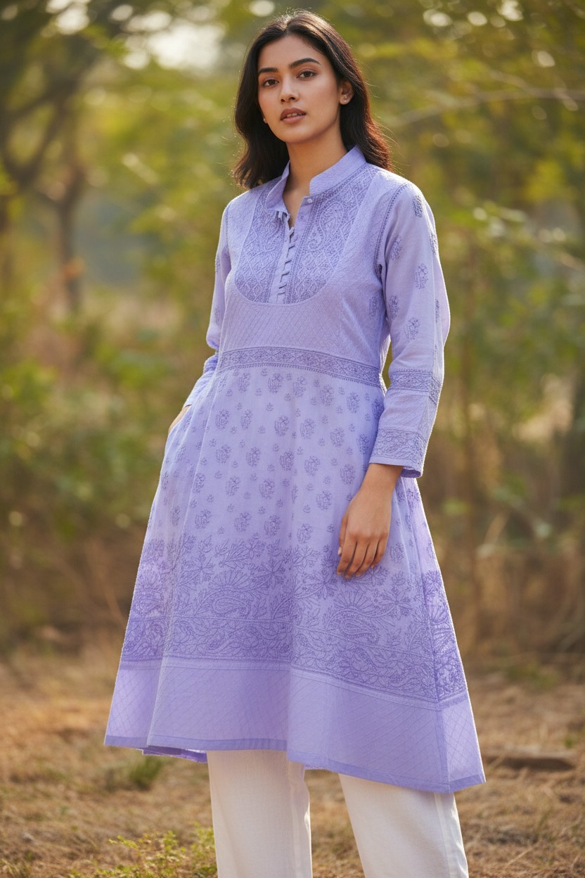 Cotton Lucknowi Chikankari 46" Long A-line Kurti | 100% Hand Embroidered| No Shrinkage