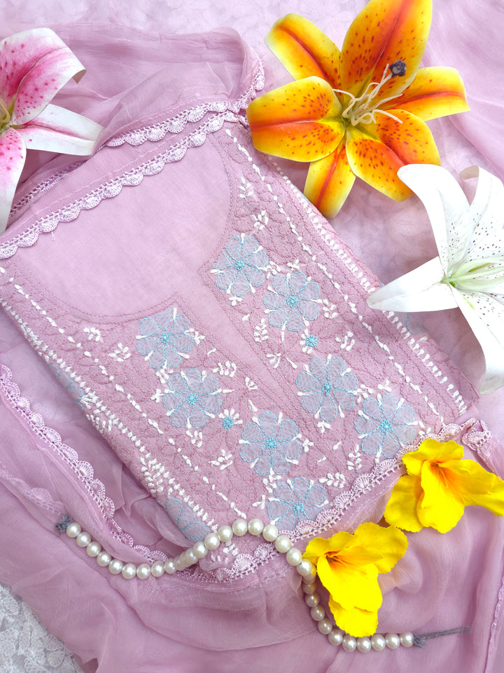 Lucknow Chikankari Hand Embroidered Cotton Dress Material with Tri-Color Motifs & Pure Chiffon Dupatta