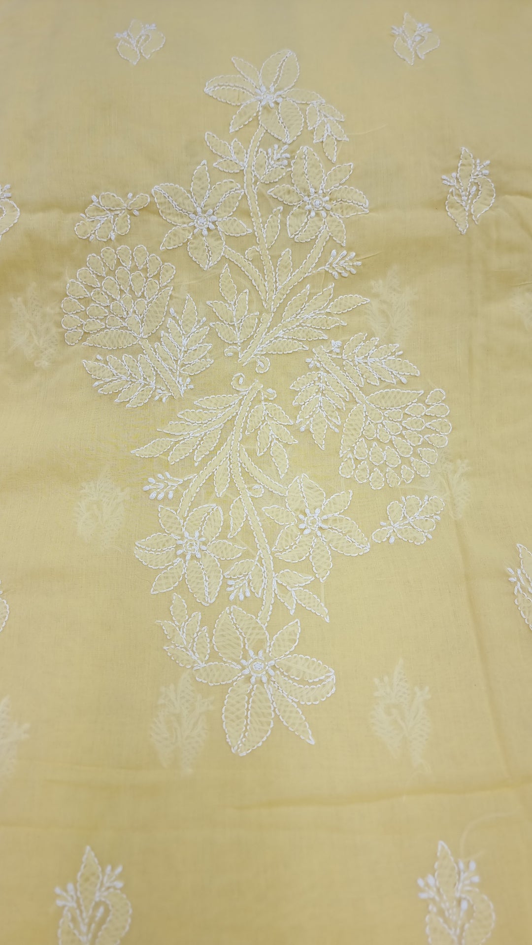 "Pastel Yellow Lucknowi Chikankari Unstitched Cotton Suit Set – Kurta, Bottom & Dupatta by Paridhan Chikan"