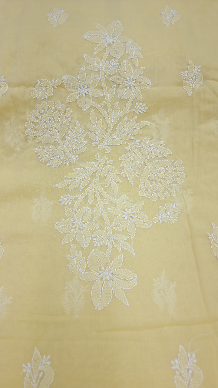 "Pastel Yellow Lucknowi Chikankari Unstitched Cotton Suit Set – Kurta, Bottom & Dupatta by Paridhan Chikan"