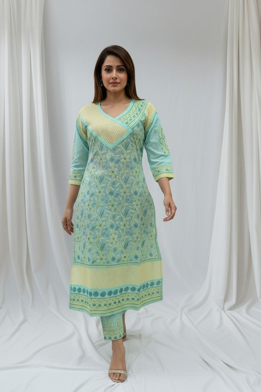 Jia Cotton Chikankari Hand Embroidered Kurti for Women | Premium  | 48 Inch approx Length | Lucknowi Chikan Kurta