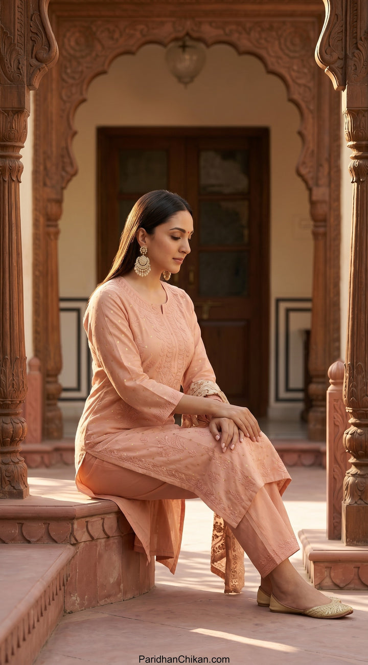 Kiara Chikankari Chanderi Golden Zari Buti Kurti for Women | Soft Non-Transparent | Paridhan Chikan