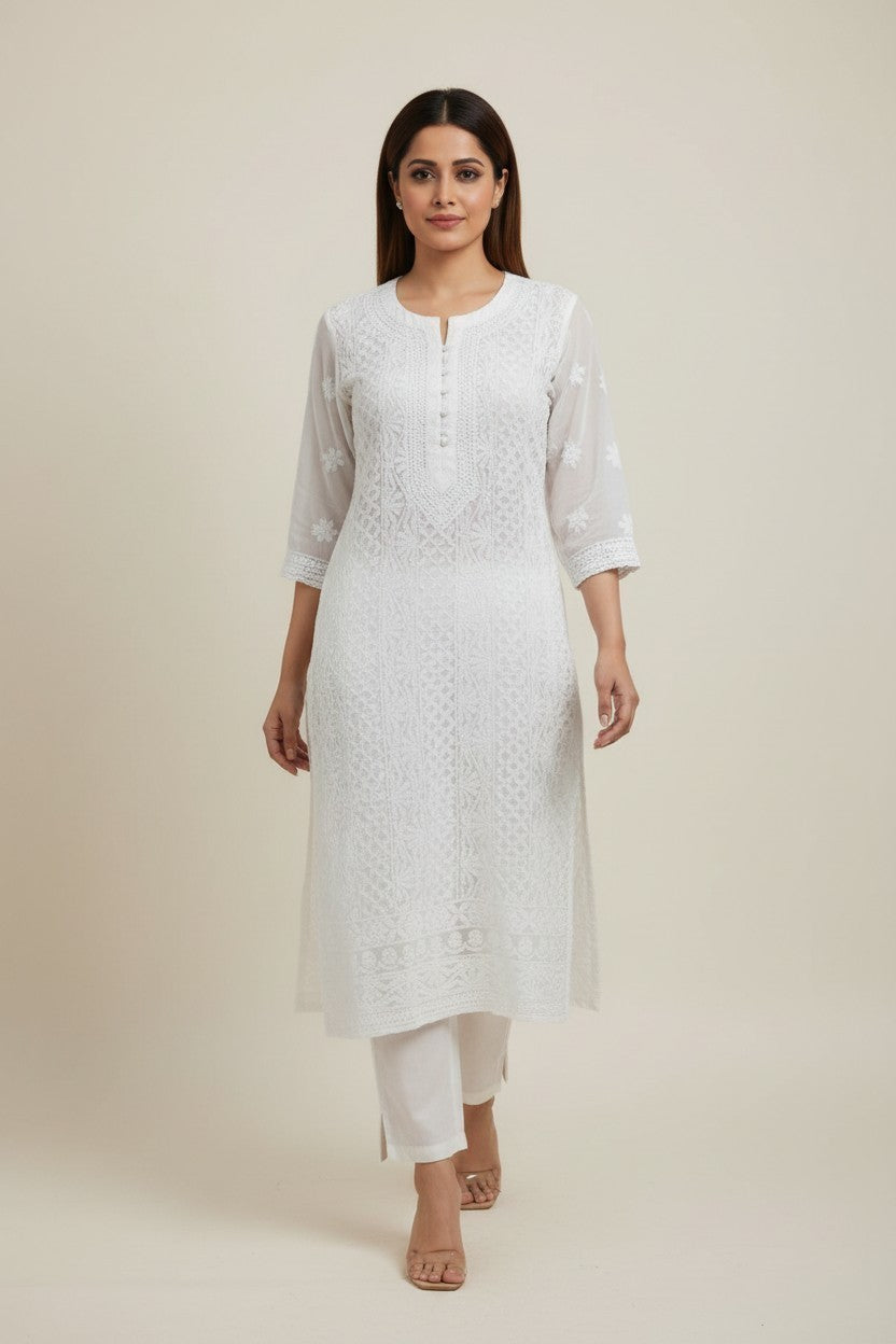 Mahi Women's Chikankari Georgette Full Embroidered Kurta | Hand Embroidered Lucknowi Ethnic Wear