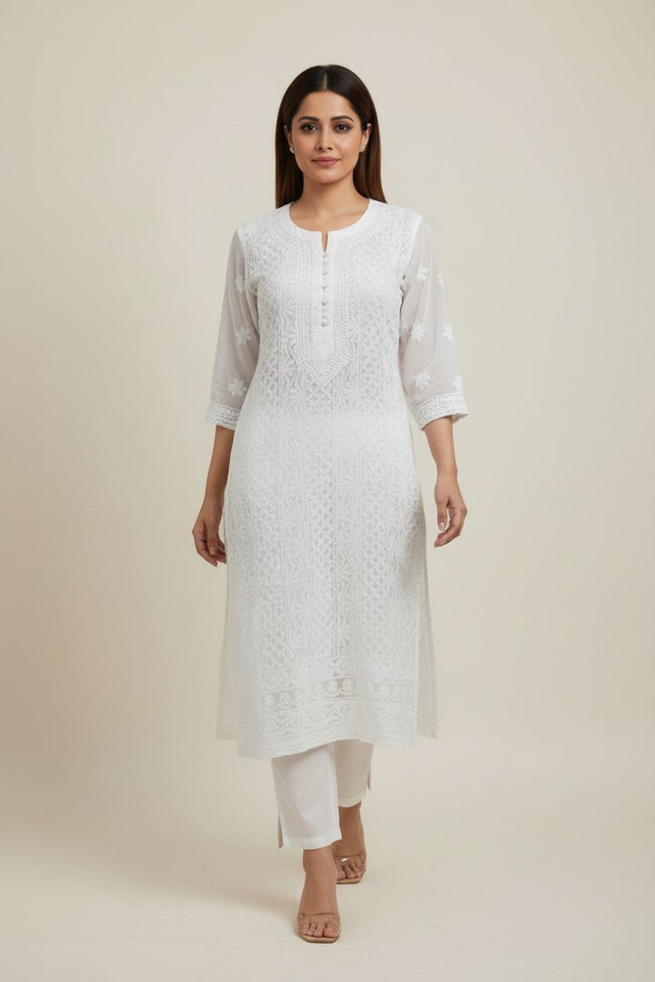 Mahi Women's Chikankari Georgette Full Embroidered Kurta | Hand Embroidered Lucknowi Ethnic Wear