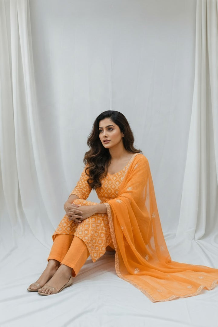 Unstitched Georgette Chikankari Dress Material | Hand Embroidered Kurta, Bottom & Dupatta