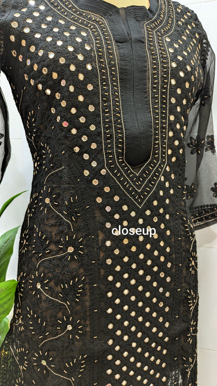 Raha Women’s Georgette Chikankari Kurti –Pearl, mirror n aari work -Designer Hand Embroidered Lucknowi Craft by Paridhan Chikan