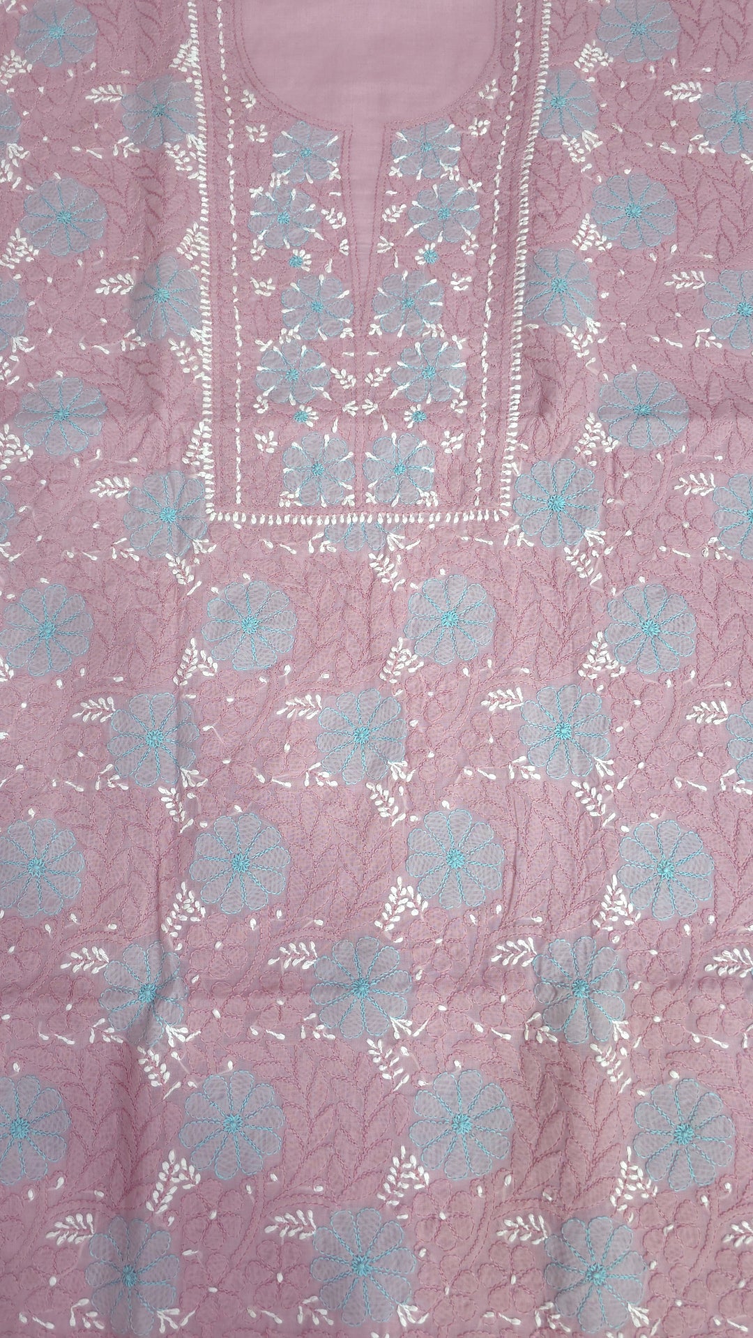 Lucknow Chikankari Hand Embroidered Cotton Dress Material with Tri-Color Motifs & Pure Chiffon Dupatta