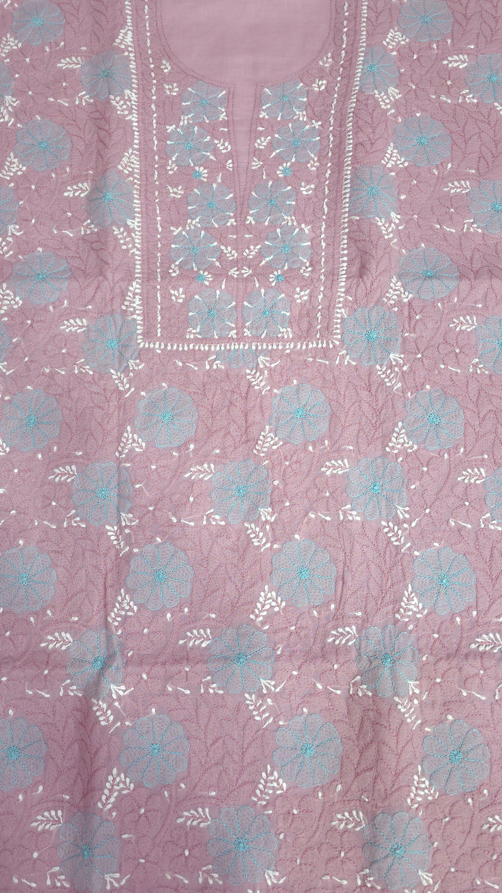 Lucknow Chikankari Hand Embroidered Cotton Dress Material with Tri-Color Motifs & Pure Chiffon Dupatta